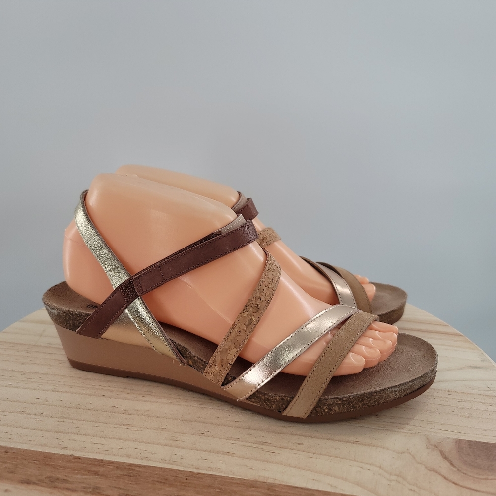 Naot Women's Sandals - Brown and Gold Strappy Wedge